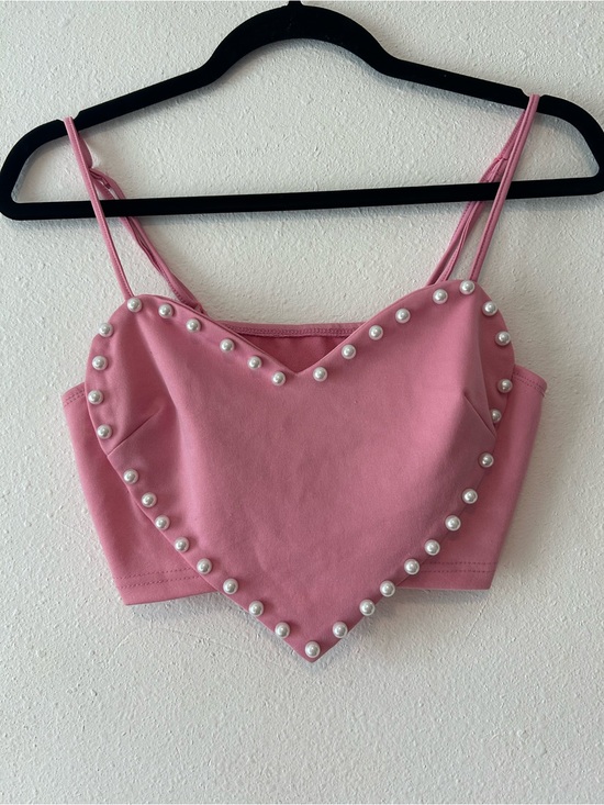 No Label Tops - Pink Pearl-Trim Heart Bandeau Crop Top - Women Tops